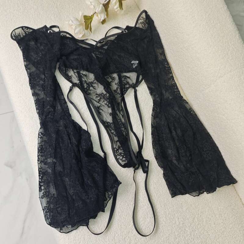 Sexy Lace Lingerie New Semi Transparent Sexy Pure Desire Jumpsuit Black Long Sleeved Lace Lingerie Set KQ