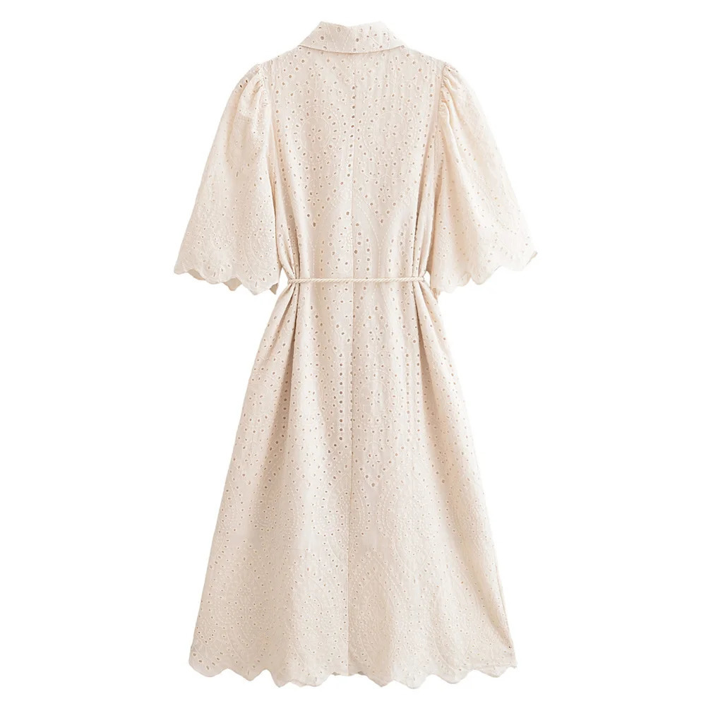 UNIZERA Womens Loose Collar Belt Flower Hollow Dress Solid Color Buckle Decoration SpringSummer Casual Wear 250514