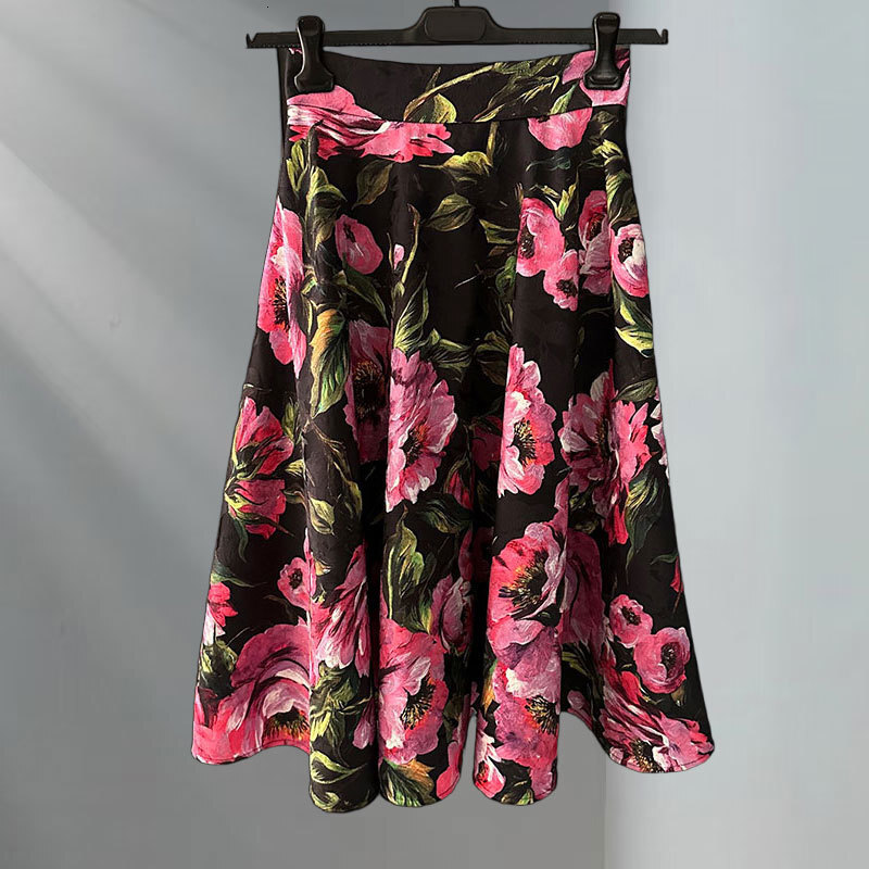 Women's Cotton Jacquard Floral Print Midi Skirt Summer New Arrival Elegant High-Waist Pleated Silk Lining Calf-Length Clothes Runway Fashion Clas