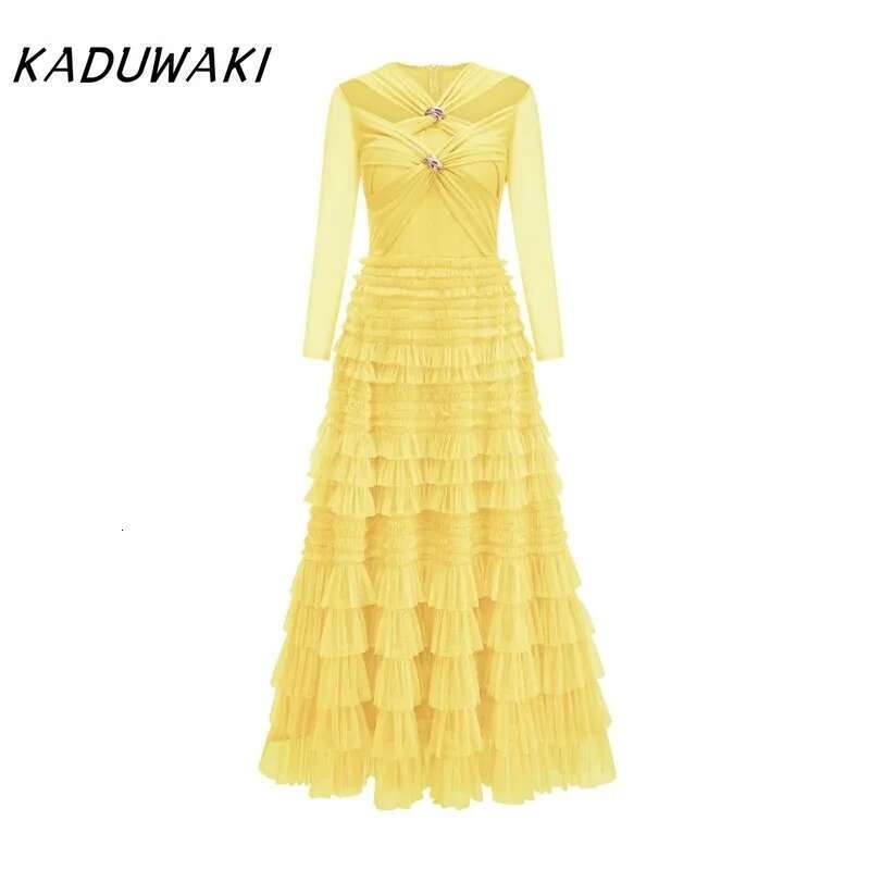 KADUWAKI Fall And Winter Fashion V-Neck Long-Sleeved Crossover Robe Temperament Elegant Slim Pleated Resort A-Line Bodycon Dress
