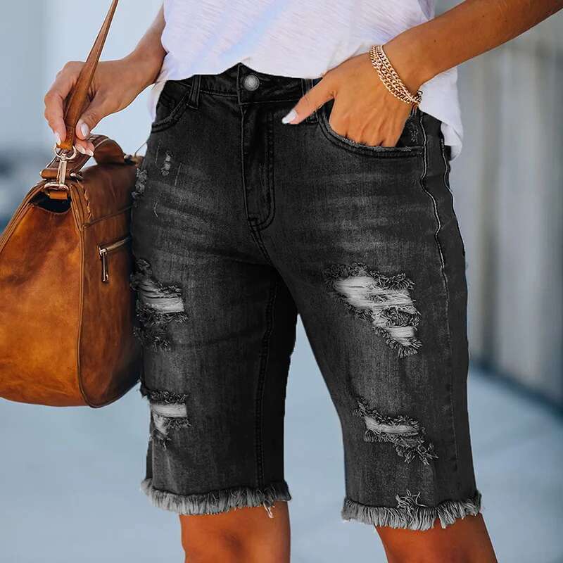 New Cycling Denim Women Fashion Ripped Tassel Tight Five-Point Shorts Washed Sexy Female Summer Thin Short Jeans