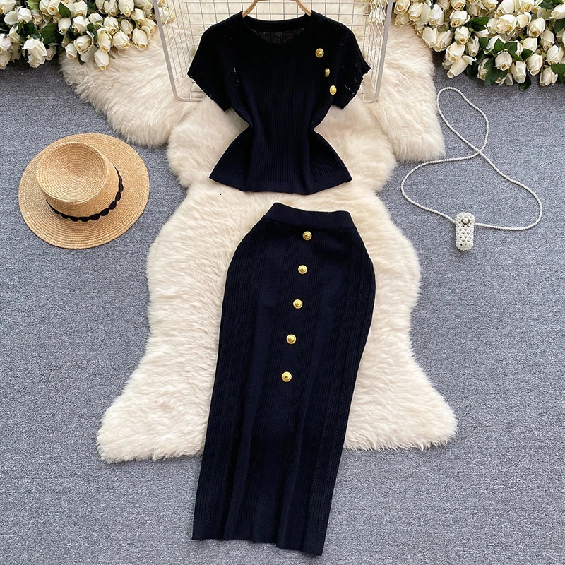 HELIAR Elegant Knitted 2 Piece Sets ONeck Metal Buttons Short Sleeve Top and Elastic Skirts Set Casual Summer Women Outfits 250514