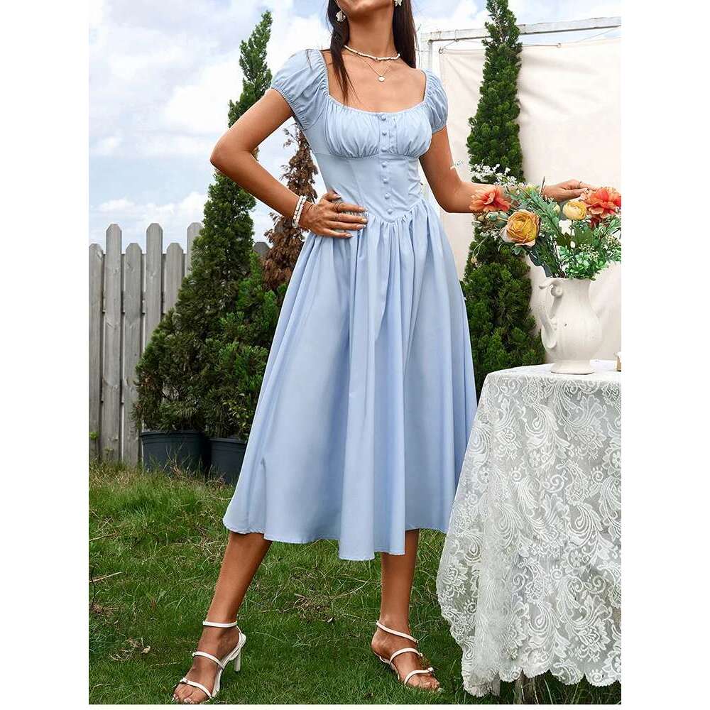 NewAsia Women's Short Sleeves Square Neck Midi Corset Dress Flowy Swing A line Fashion Casual Long Dresses Navy Summer