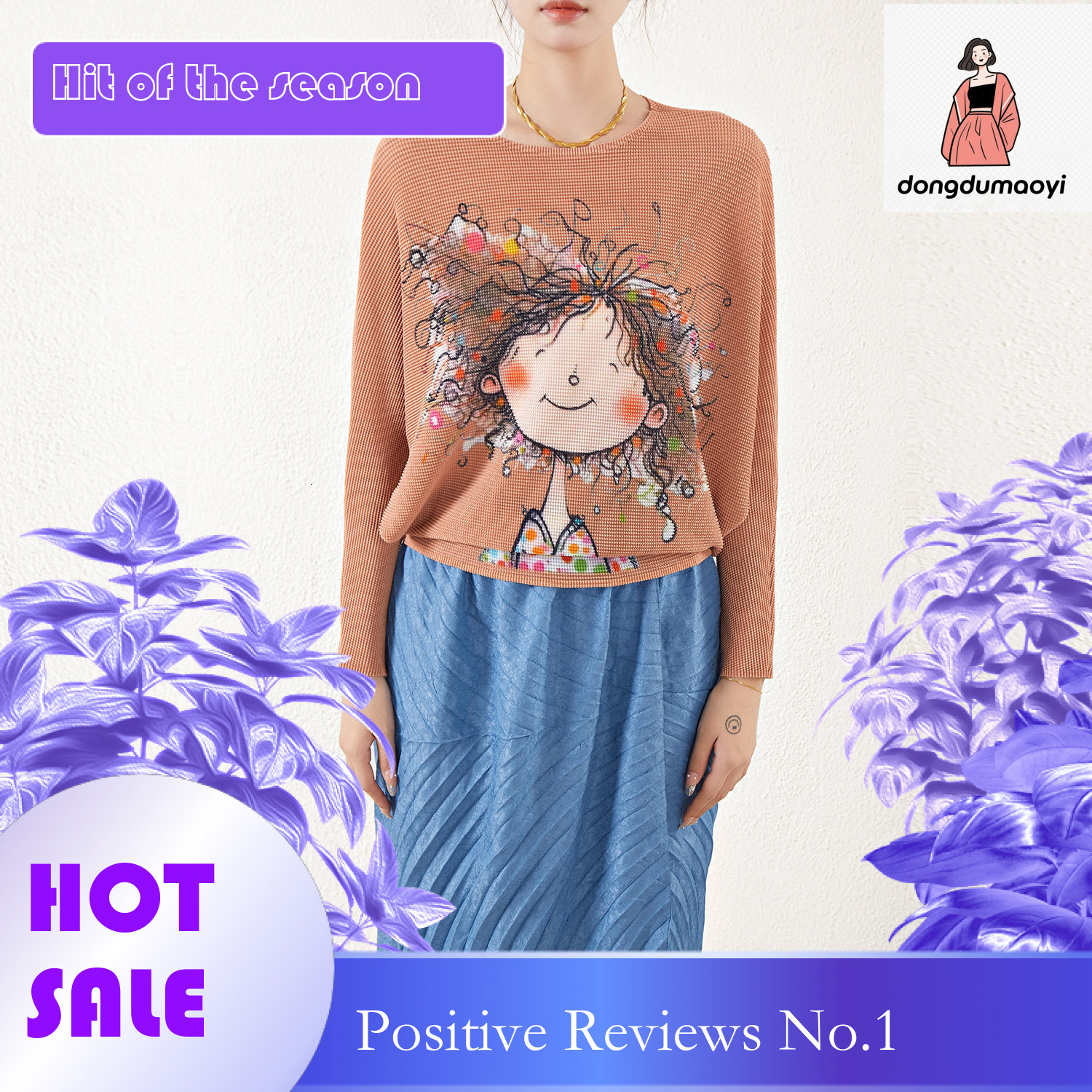 dongdumaoyi Miyake high-end printed pleated top for spring autumn, new large size, loose lazy, versatile, stylish and slimming t-shirt