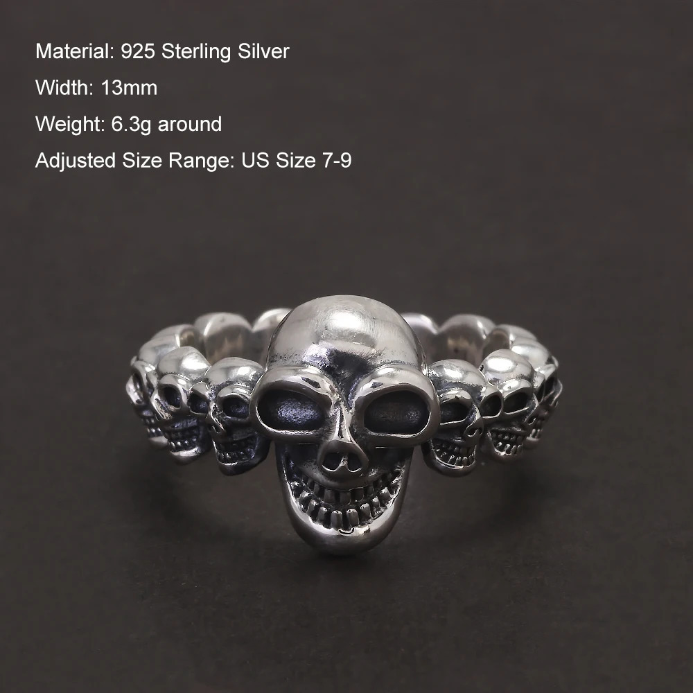 925 Sterling Silver Gothic Skull Ring for Men and Women Hiphop Punk Retro Finger Accessories Adjustable Biker Jewelry 250509