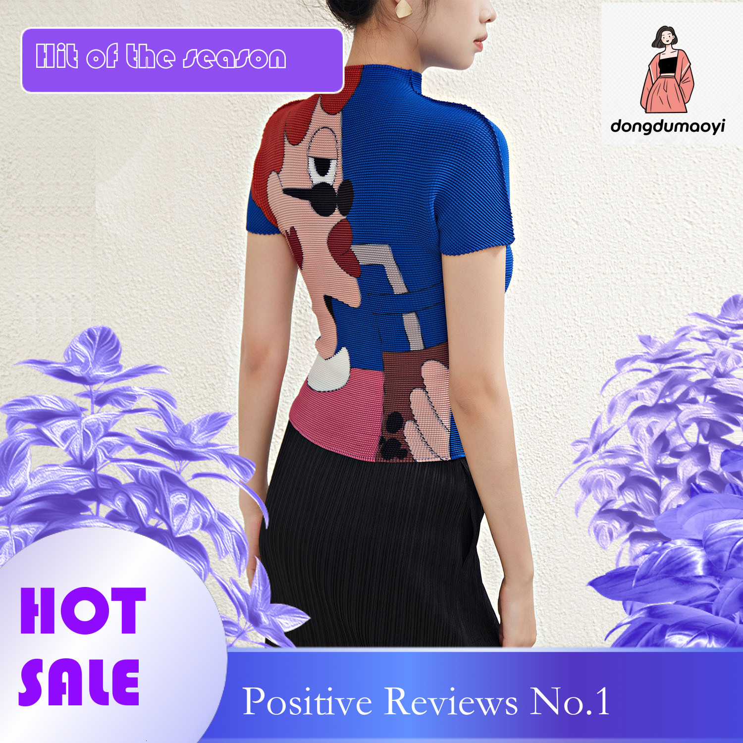 dongdumaoyi Miyake printed short sleeved T-shirt for women's summer 2024, new pleated design, slim fit bottom shirt, top