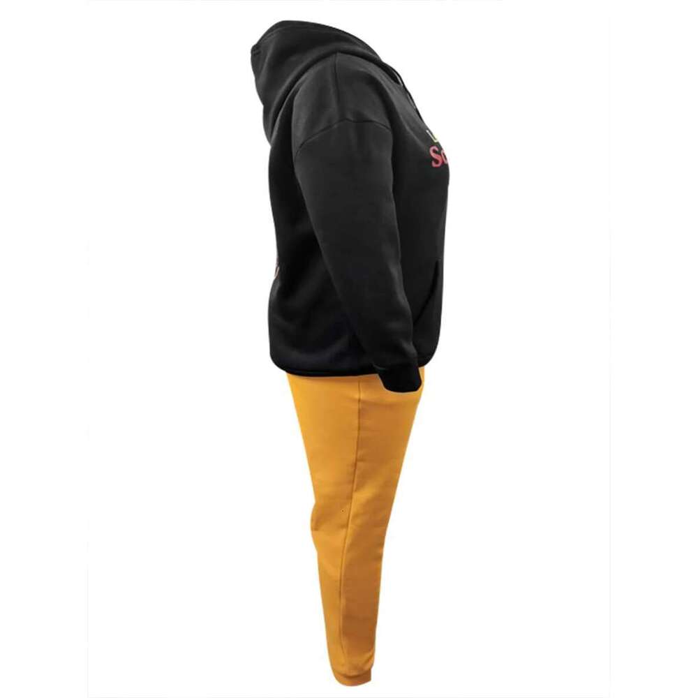 LW Plus Size Letter Print Kangaroo Pocket Tracksuit Set Women's Clothing Sweatsuit Hooded Collar Two Piece Outfit