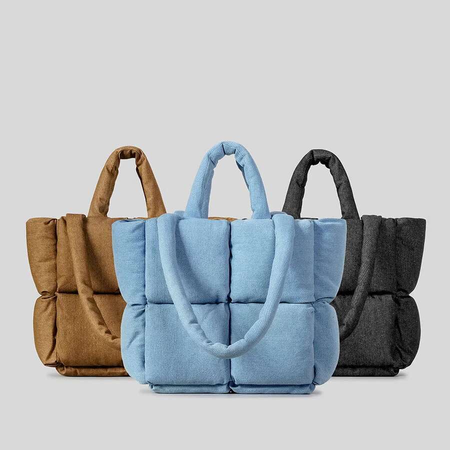 Fashion Denim Soft Puffer Designer Padded Women Handbags Down Cotton Lady Shoulder Bags Warm Winter Tote Bag 2023