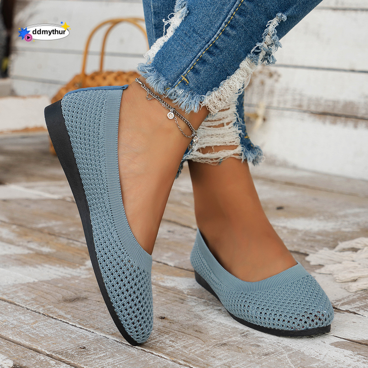 2024 Spring and Summer New Solid Color Pointed Soft soled Single Casual Breathable Women's Shoes, Hollow Knitted Shoes ddmythur