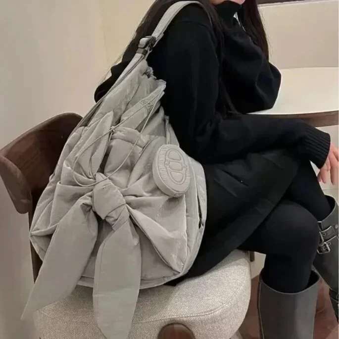 Women Nylon High-Capacity Fashion Casual Backpack Bow Drawstring Shoulder Bag Totebag All-Match