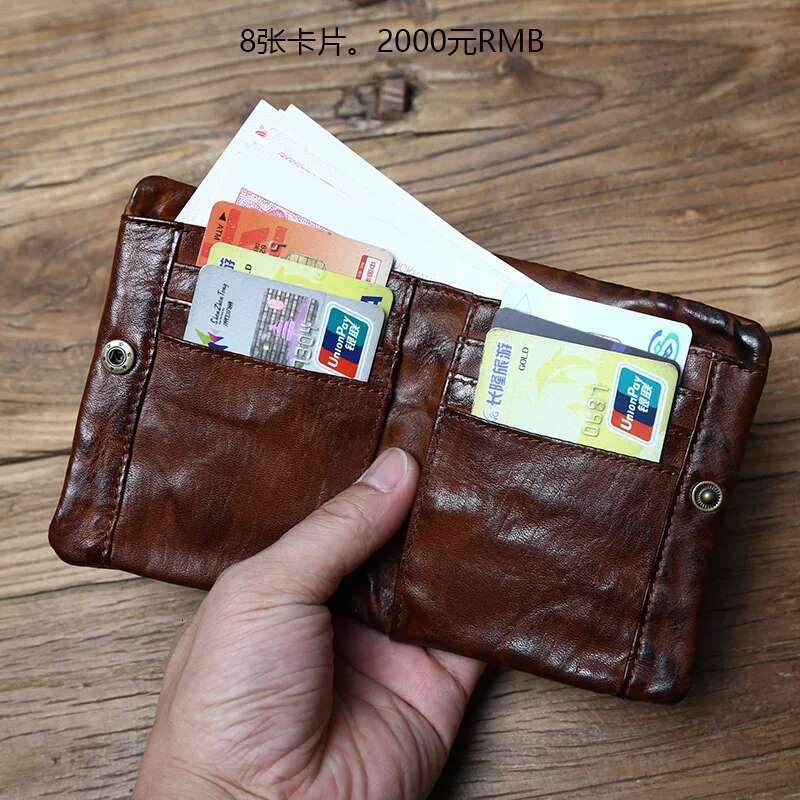 NZPJ Men's Cowhide Retro Women's Short Vegetable Tanned Leather Vertical Wallet Youth Zipper ID Card Case