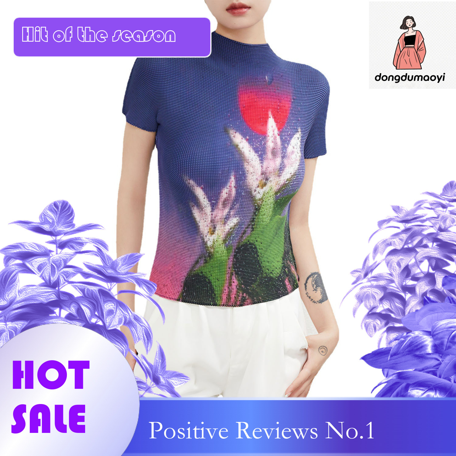 dongdumaoyi Corn pleated short sleeved T-shirt for women in summer 2024, fashionable and age reducing printed slim fit top