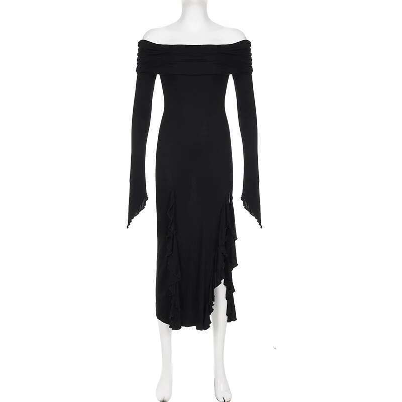 SUCHCUTE Elegant Off Shoulder Ruffles Split Dress Black Fashion Long Sleeve Party Dresses Women Beach Vacation Outfits