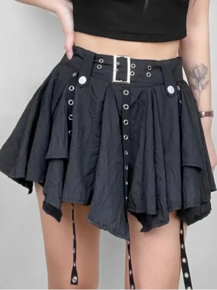 Womens Crumpled Layer Mini Skirt with Belt Strap Elastic Back Asymmetrical Short Grunge eGirl Y2K Acubi Outfit 250514