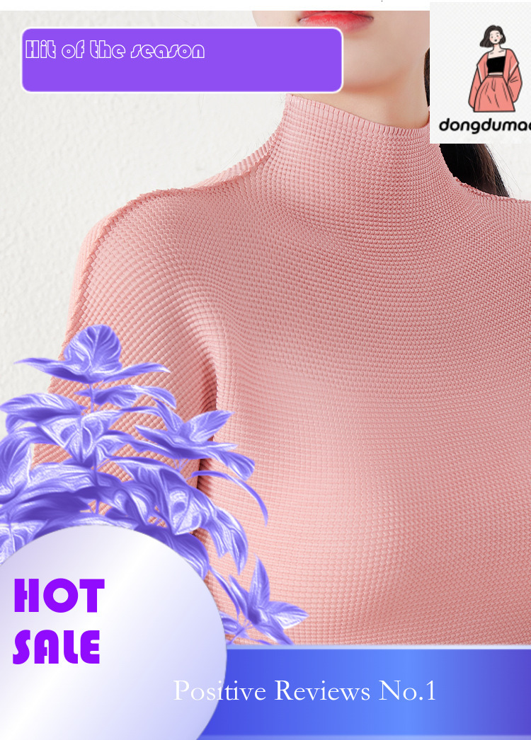 dongdumaoyi Japanese high-end pleated top women's summer Miyake new style temperament semi high neck slim fit elastic slimming short sleeved T-sh