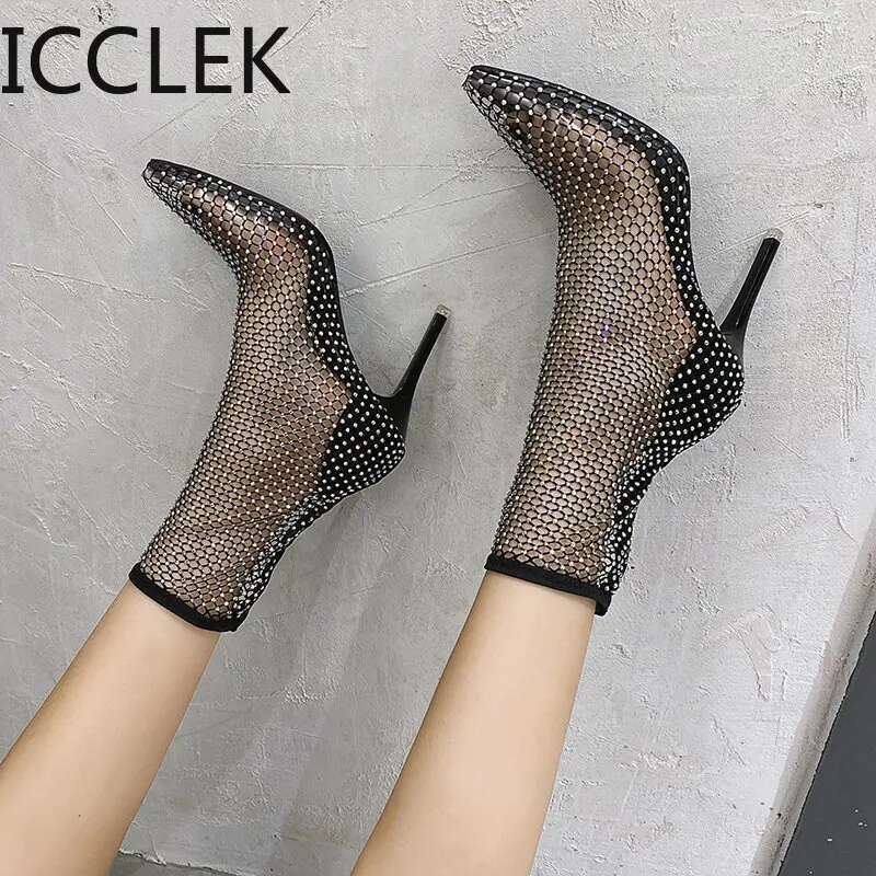 Fashion Crystal Transparent PVC Mesh Upper Ankle Boots for Women Pointed Toe High Heels Shoes Woman atos De Mujer A096