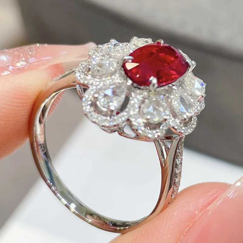 Luxury Red Oval Gemstone Ring Fashion 925 Sterling Silver White Drops Full of Diamond Zircon High-end Banquet Party JewelryXJ250514
