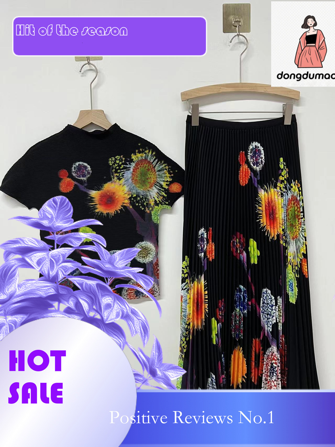dongdumaoyi Miyake design style short sleeved T-shirt with a large display to cover the flesh, half skirt women's summer new style, two-piece set