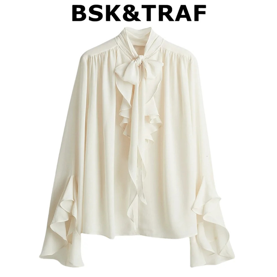 BSK TRAF Summer Womens Fashion Casual Leisure Ruffled Neckline Laceup Top Temperament Elegant Chiffon Shirt 250514