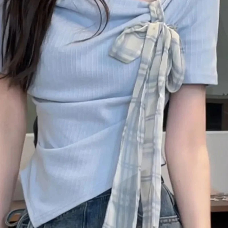 Womens Clothes Summer Korean Fashion Simplicity Allmatch Fashionable Drawstring Solid Color Oneck Short Sleeve Cotton Cardigan 250514