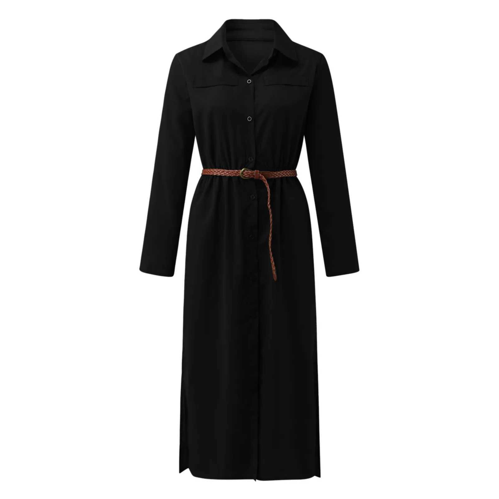 Womens Lace Up Tunic Dresses Summer Streetwear Long Sleeve Shirt Dresses With Belt casual Solid Color Linen Maxi Dress for womenXJ250514