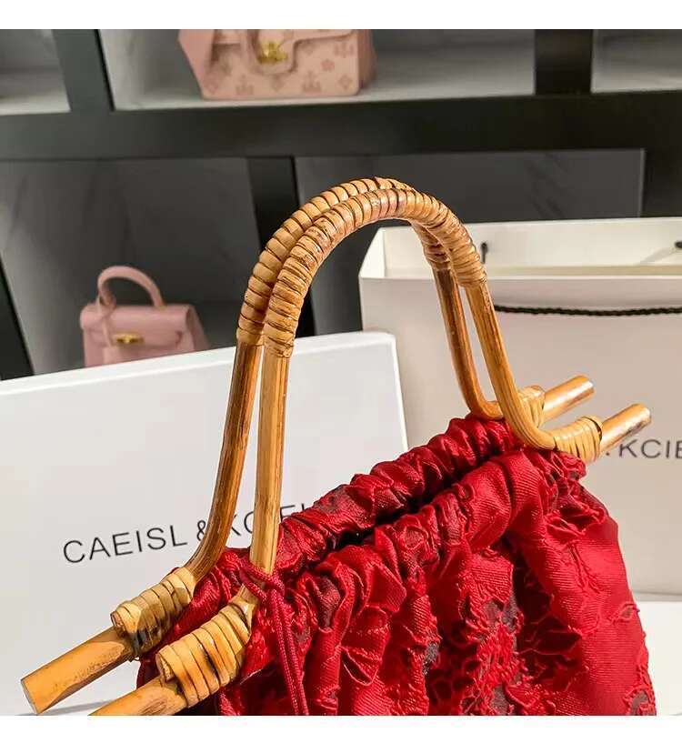 Bamboo Handheld Fashion Women Handbag Cotton Fabric Embroidery Handmade Bucket Large Capacity Tote Female Shoulder Bag