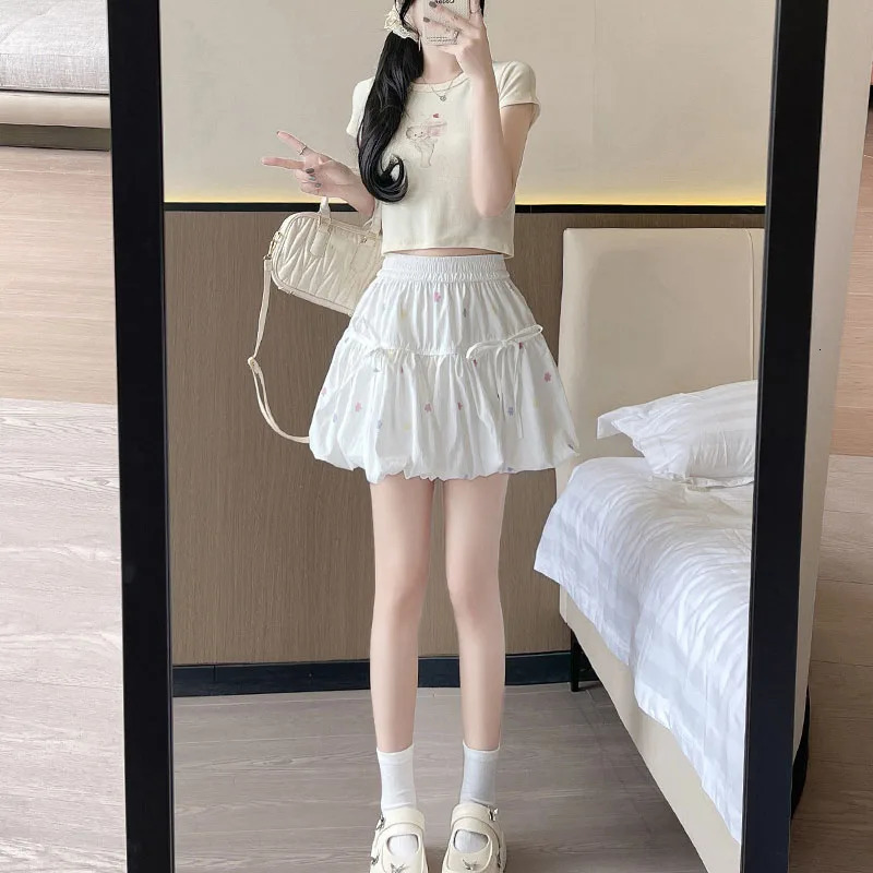 Korean Chic White Flower Bud Skirt Ladies Sweet Ballet Ball Gown Mini Woman Elastic Waist Bow LaceUp Print ALine Skirts 250514