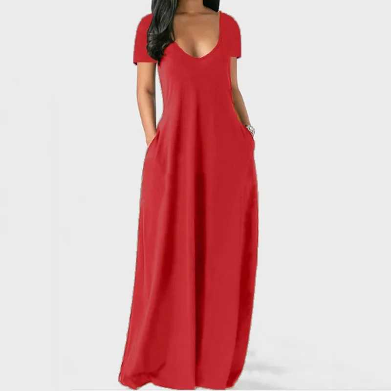 Summer Sexy Pure Color V-Neck Short Sleeve Long Dress Womens plus Size Clothing Cross-Border Fashion Elegant Maxi DressXJ250514