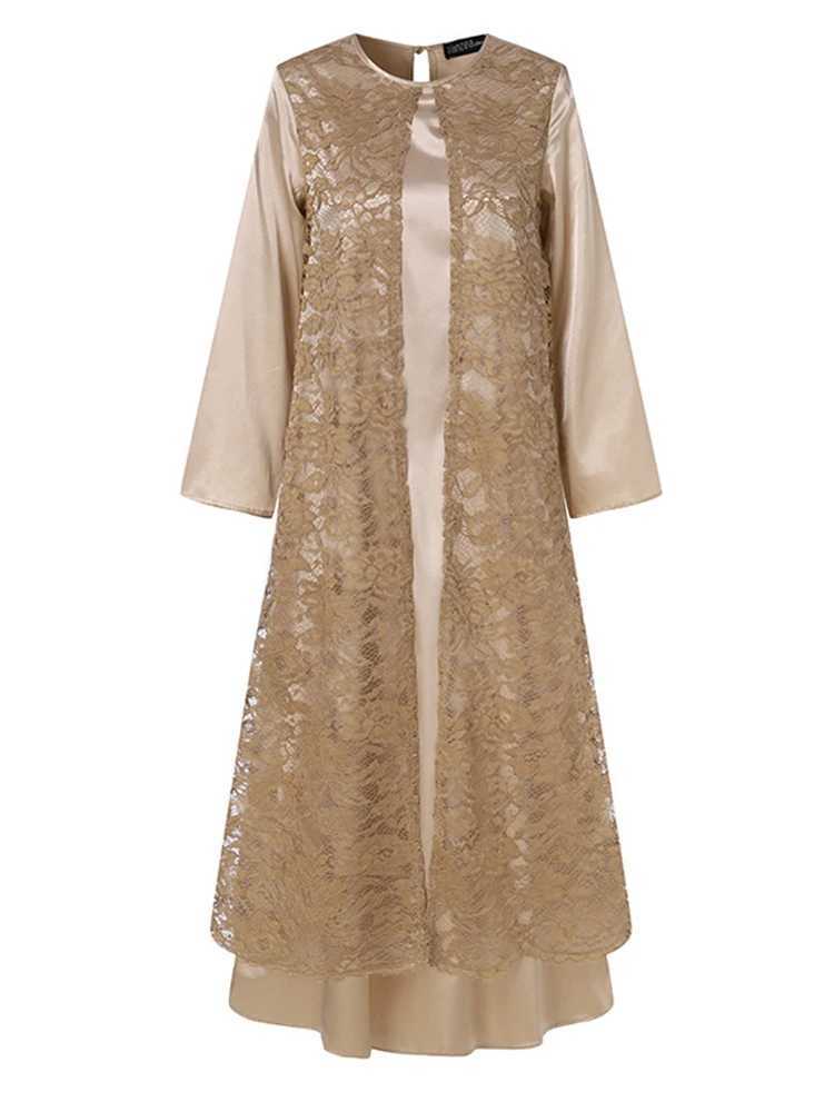 ZANZEA Women Elegant Lace Overlay Satin Dress Muslim Fashion Islamia Hijab O Neck Long Slve Abaya Robe Luxurious Long Vestidos X250514