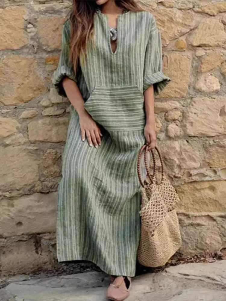 Autumn Womens New Cotton Linen Yarn-dyed Striped Long Dress Fashionable Big Pockets Sexy V-neck Long-sleeved Loose DressXJ250514