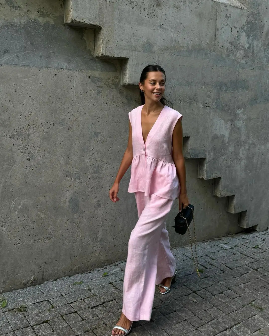 Elegant Women Two Piece Sets Fashion Summer Sleeveless Single Breasted Vests Wide Leg Pants Suit Casual Office Lady Outfits 250513