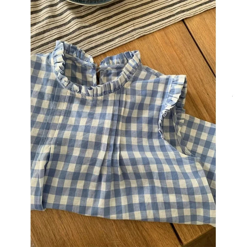 MEXZT Kawaii Plaid Shirts Women Japanese Preppy Cute Ruffles Patchwork Blouses Summer Korean Fashion Flying Sleeve Casual Tops 250514