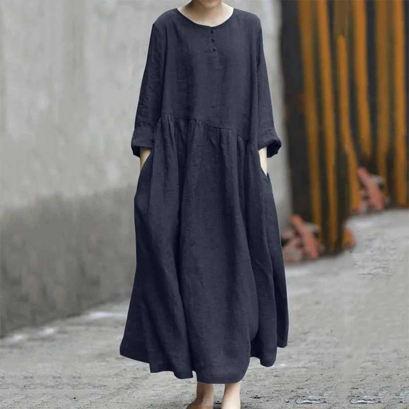 Womens Cotton Linen Asymmetrical Loose Long Dress Autumn O-neck Long Sleeve Pocket Baggy Party Dresses JYFS-HS6144XJ250514