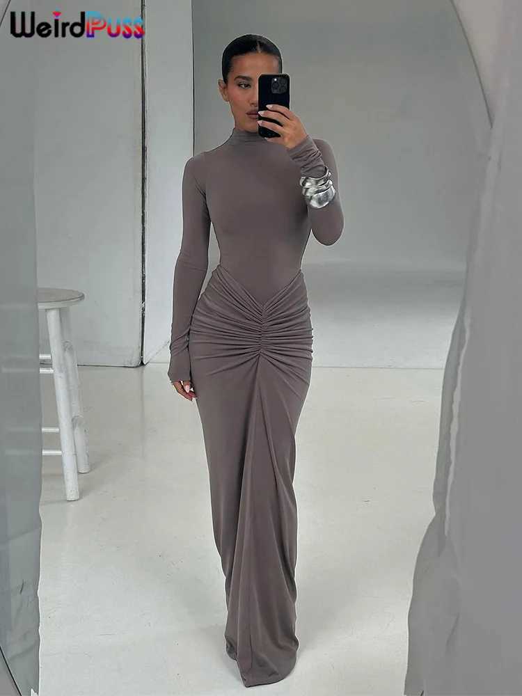 Weird Puss Hipster Ruched Dress Women o-NeckFull Sleeve Skinny Stretch Robe Autumn Trend Simple Classic Pleats Long BodyconXJ250514