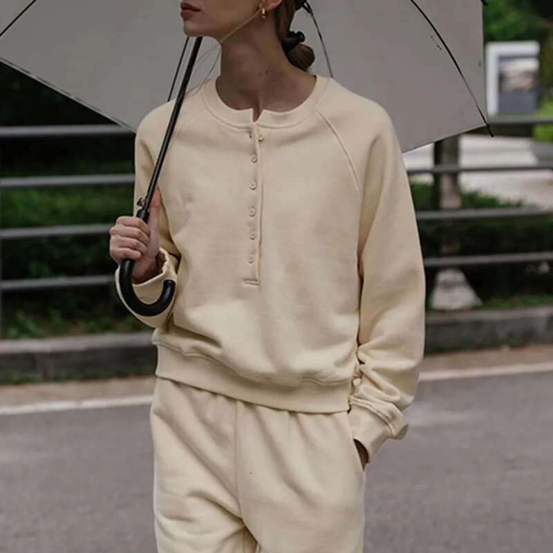 Street Style Cotton Fleece With Button Round Neck Casual Hoodie Women's Pullover Winter Fashion Ladies Tops Woman Cloth Designer