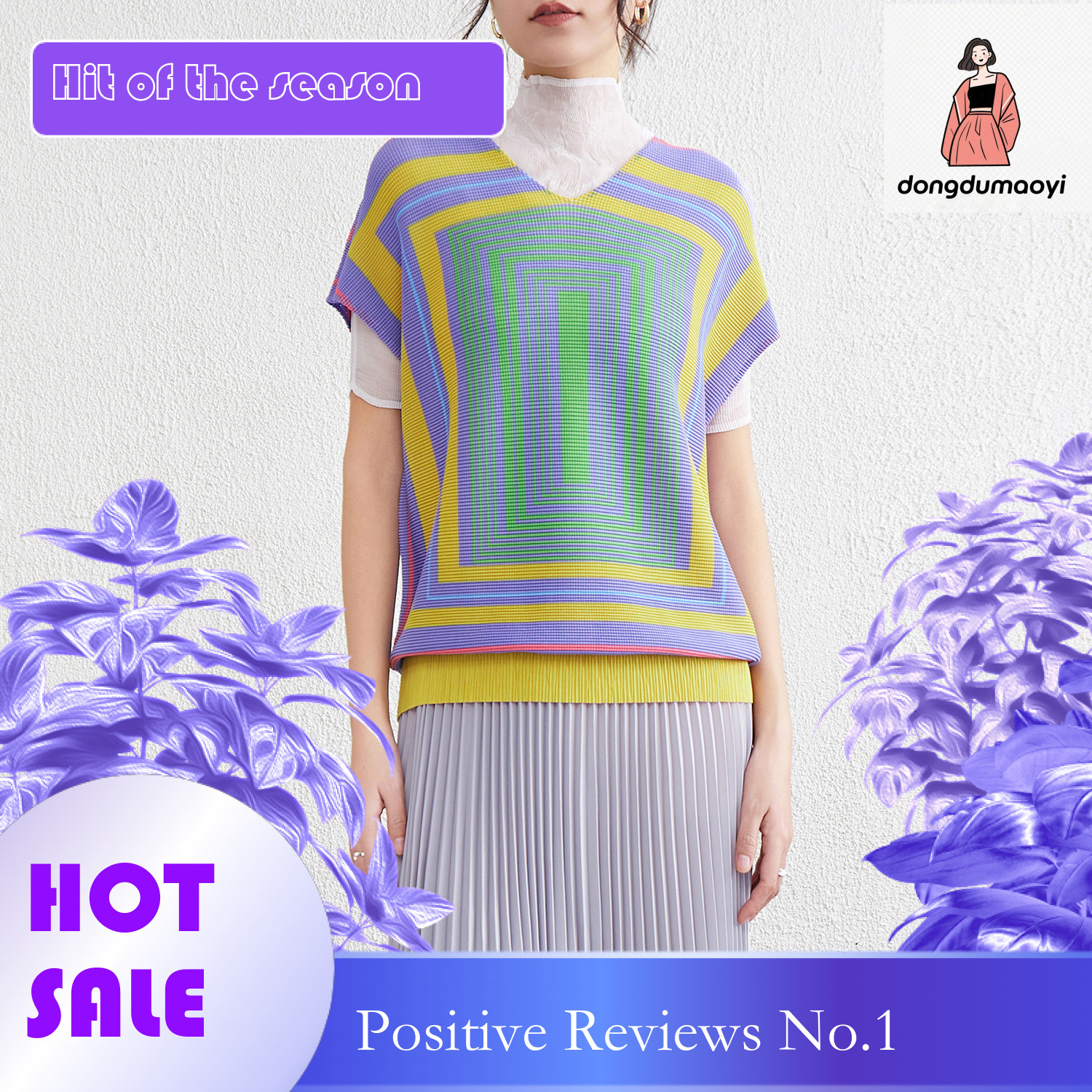 dongdumaoyi Miyake printed short sleeved for women's summer 2025 new fashion V-neck plus size slimming pullover shirt top
