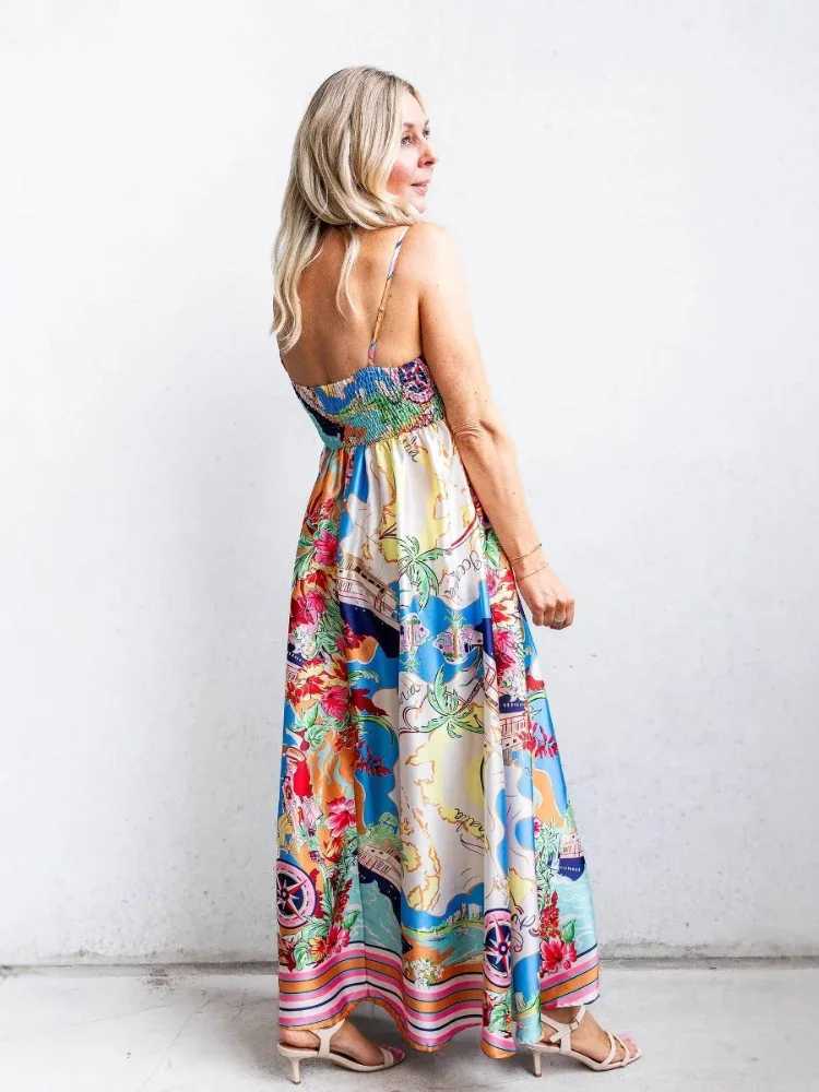 2025 Summer Fashion New Womens Elegant Dress Printed High Waist Vacation Style Big Swing Vacation A-line Long DressXJ250514