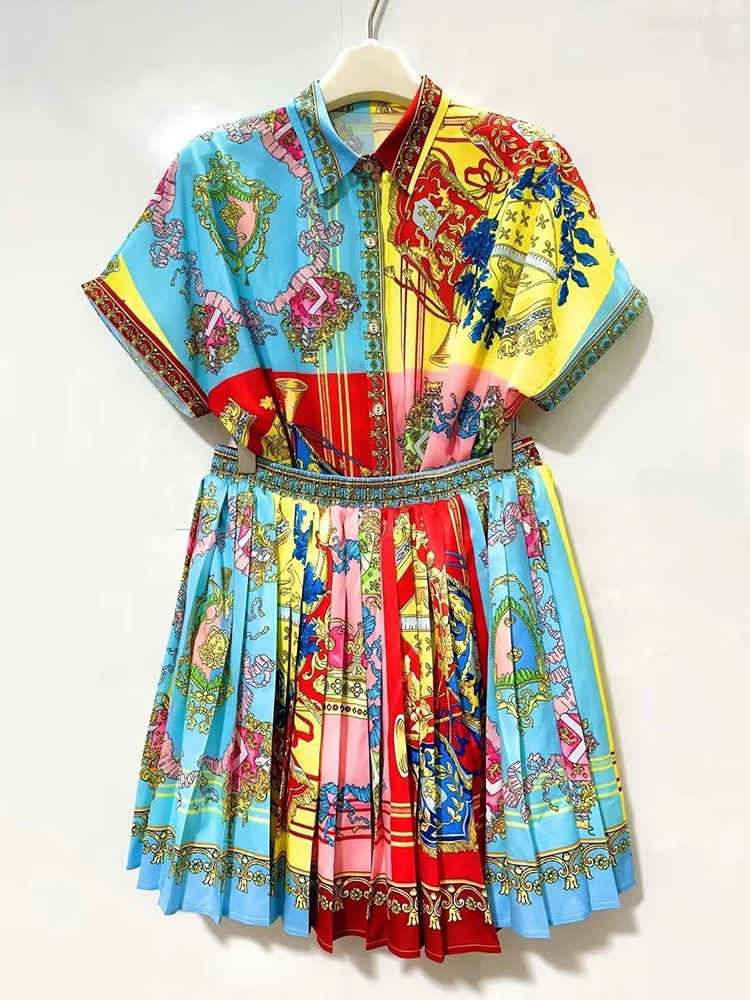Summer Womens retro geometric positioning printed shortsleeved shirt twopiece set loose pleated skirt fashion 250514