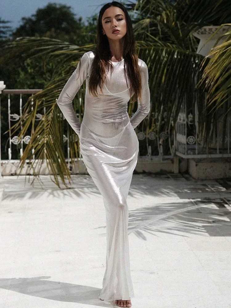 Mesh See Through Maxi Dresses For Women Beach Cover-ups Long Sleeve Womens Dresses Slim Fit One Piece Hot Club Rave OutfitsXJ250514