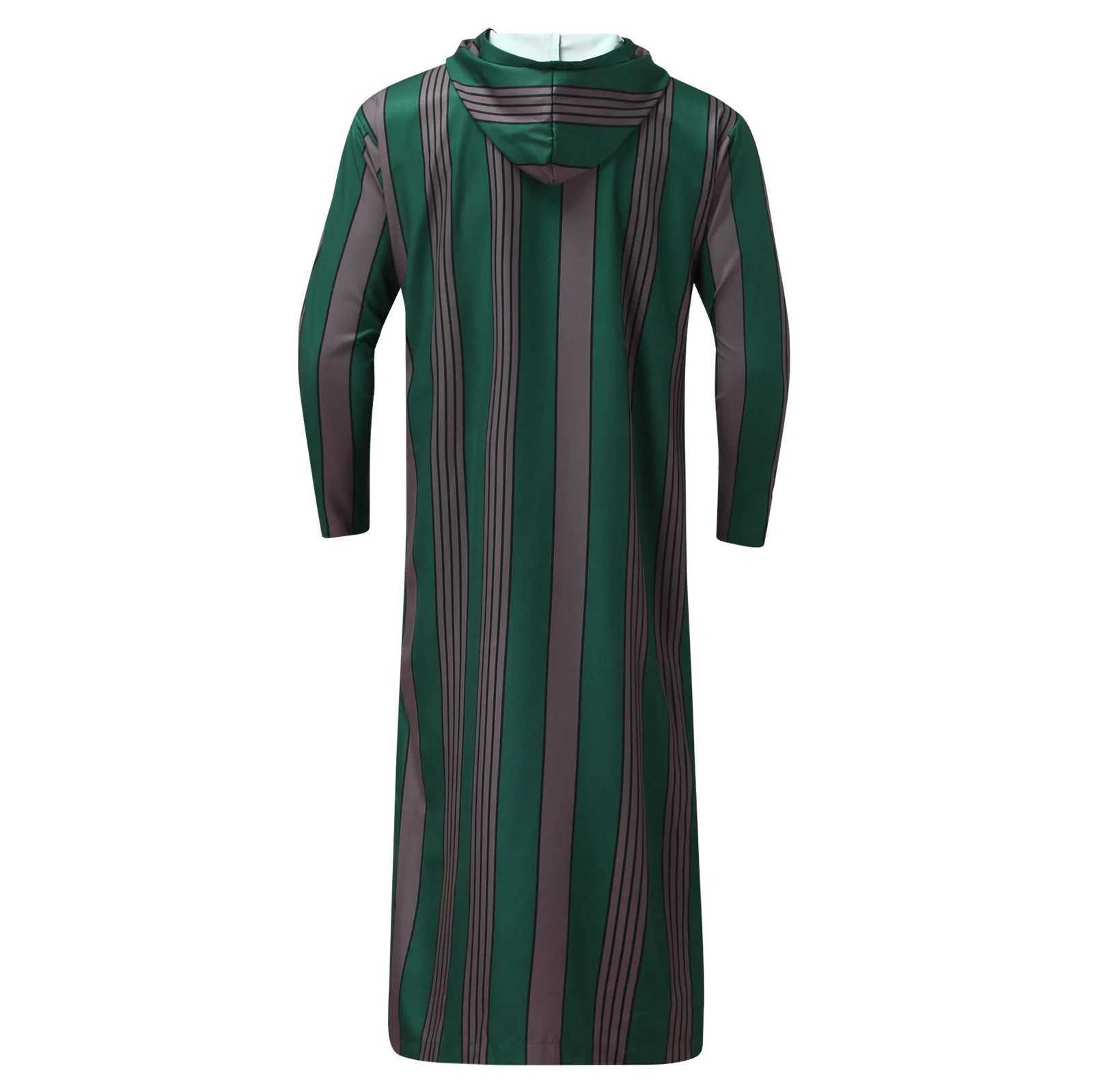 Striped Hooded Men Muslim Robe Zipper Casual Jubba Thobe Long Sleeve Mens blouse Islamic Arabian Musulmane Kaftan Robes X250514