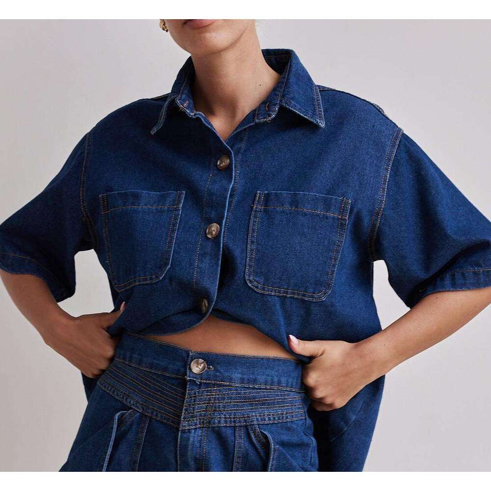 2025 Summer Womens Casual Loose Shirt Shorts Set Denim Women Long Washable High Elasticity Non-ironing New Pattern Versatile New Arrival New Product