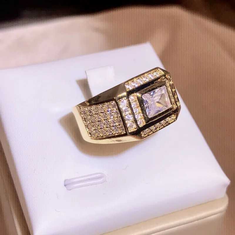 New Yellow Gold Rectangular Diamond Luxury Large Diamond Ring Male Ring 925 Stamp With Diamond Ring Party Birtay GiftXJ250514