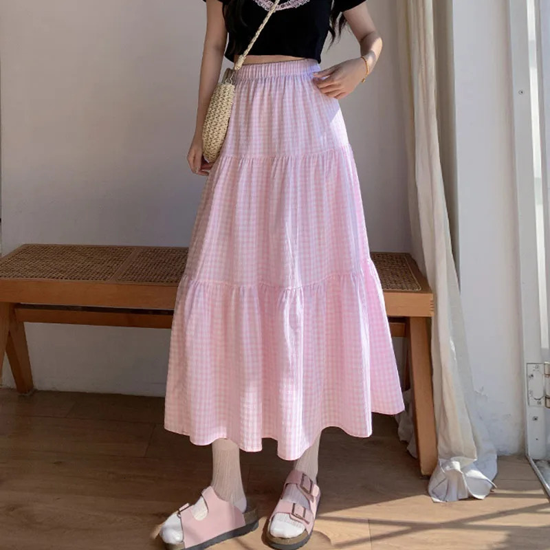 Vintage Plaid ALine Skirt Female Summer AllMatch Patchwork Long Big Swing Women Casual High Waisted Midi Skirts 250514