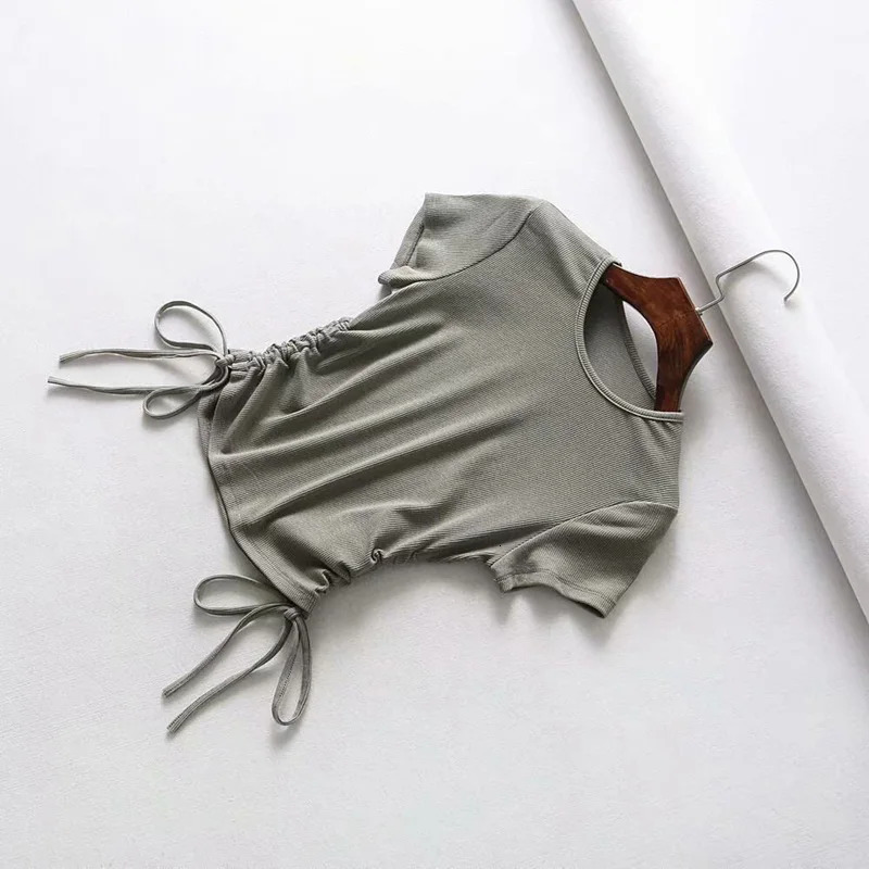 Sexy Side Drawstring Tie Up Ruched Tank Top Solid Color Slim Crop Ladies Streetwear Ribbed Knitted Tees 2023 250506
