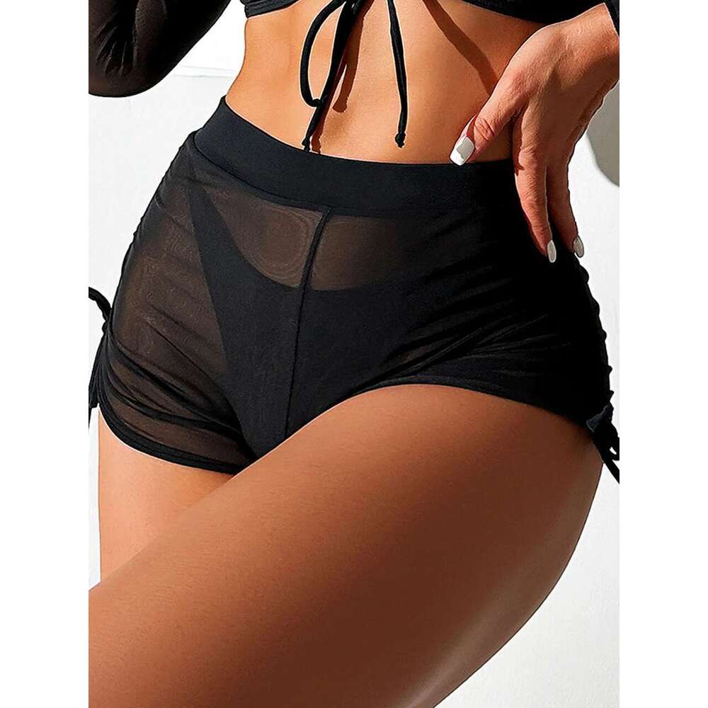 4 Piece Bikini Women Drawstring Cover Up Top & Shorts Swimsuit Female Halter Swimwear Bathing Swimming Mesh Beachwear Suit