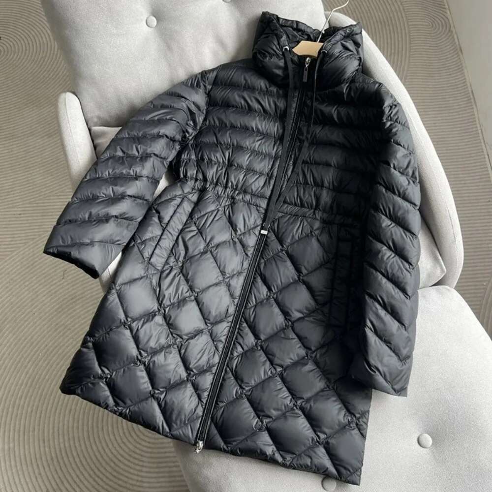 2024 Autumn Winter Slim Hooded Puffer Jacket Women Waistband Lightweight Long White Duck Down Coat Female Casual Solid Parka