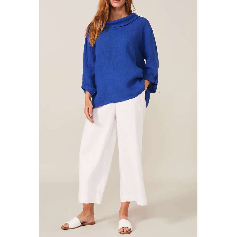 Women's Plus Size Cotton Line Shirt Asymmetric Hem Minimalist Solid Casual Vintage Long Sleeve Autumn Fashion Blouse Shirts