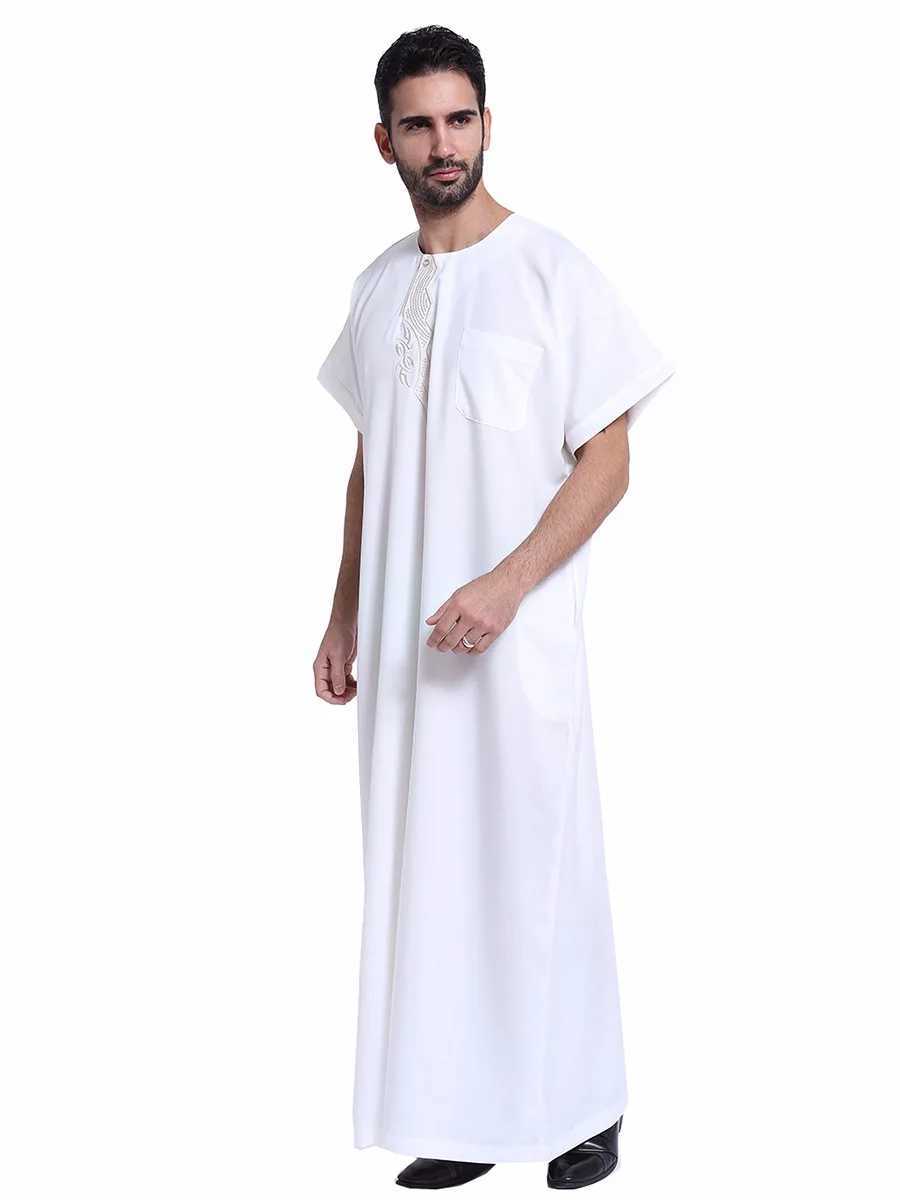 Muslim Kaftan for Men Round Collar Blue White Spring Elegant Robe Arab Vintage Long Sleeves Thobe Robe Turkey Embroidered X250514