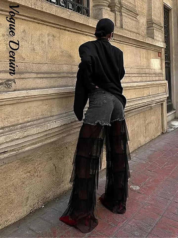 Summer Denim Patchwork Layer Tulle Woman Pants Wash Low Waist Pockets Cake Gauze Jeans 2025 High Street Female Trousers 250513