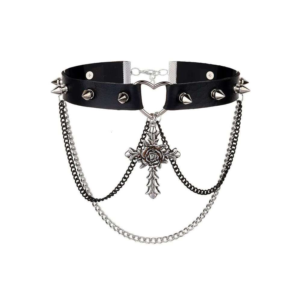 Y2K Punk Style Cross Choker Collar Exaggerated Personality Design Sense Tassel PU Necklace Sweet Cool Babes Accessories